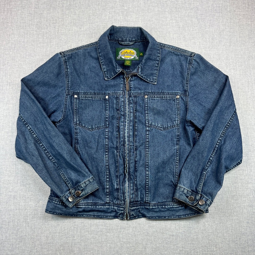 Vintage 90s Cabela's Womens M Denim Jacket Zip Front 100% Cotton Western Cottage